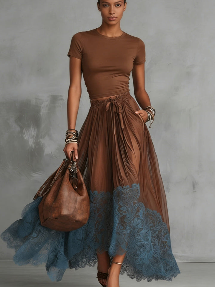 Ensemble jupe en tulle marron et bleu à dentelle