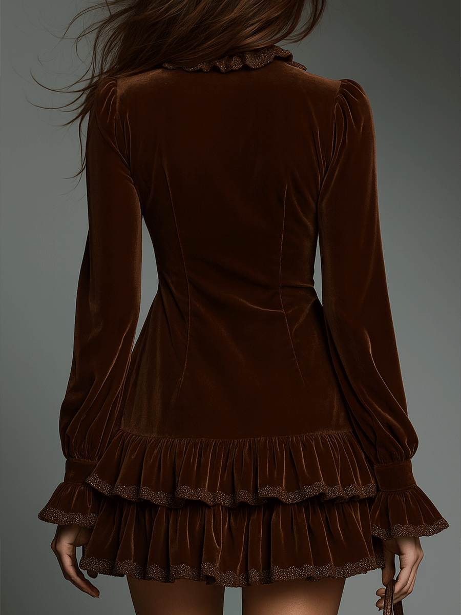 Romantic Boho Chocolate Brown Velvet Ruffle Mini Dress