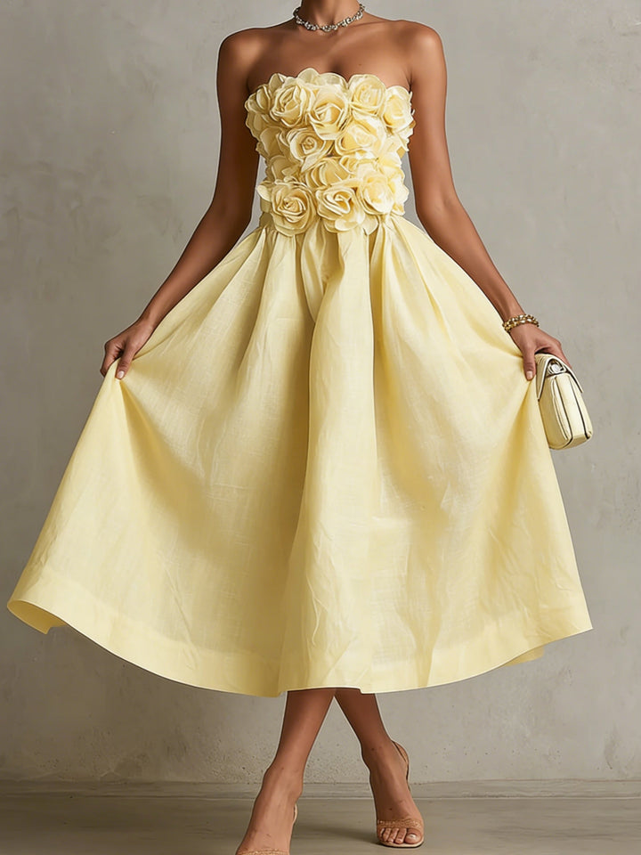 Vestido Midi Amarelo com Flores 3D e Sem Alças