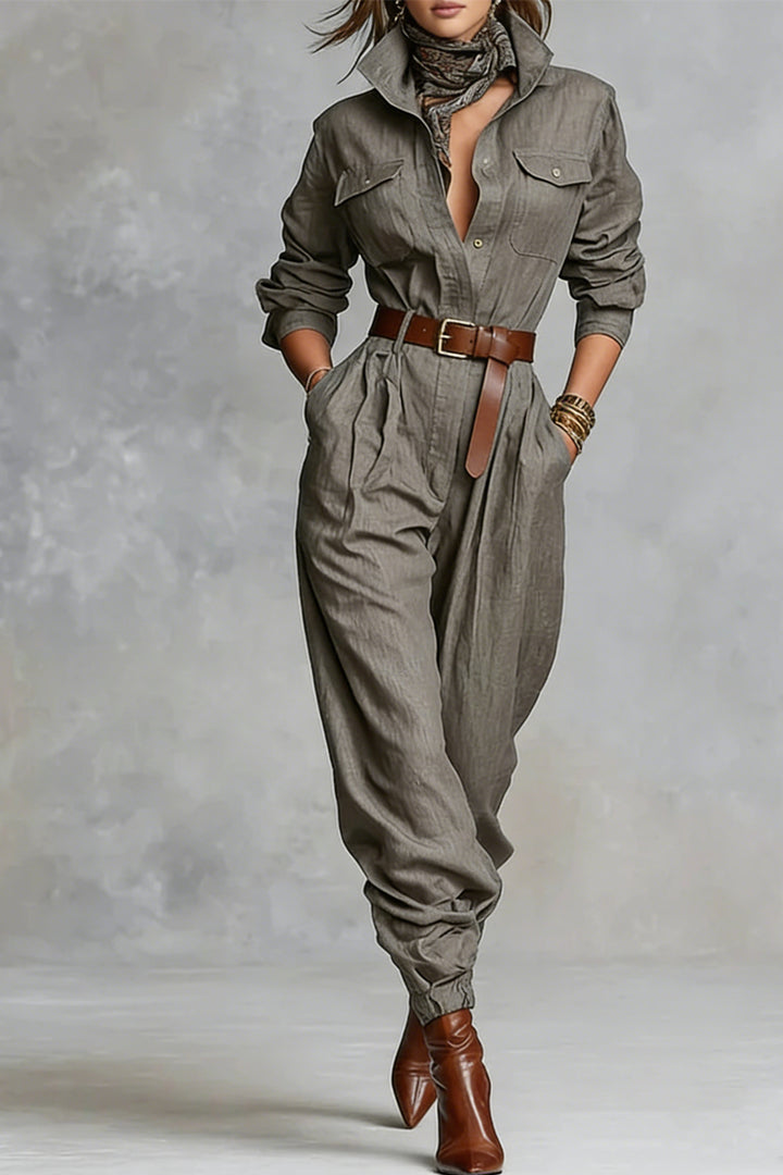 コットンとリネン混紡長袖シャツジャンプスーツ