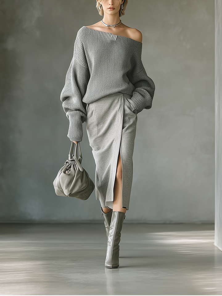 Women's Gray Knitted Sweater And Cotton Blend Air Layer Skirt Set