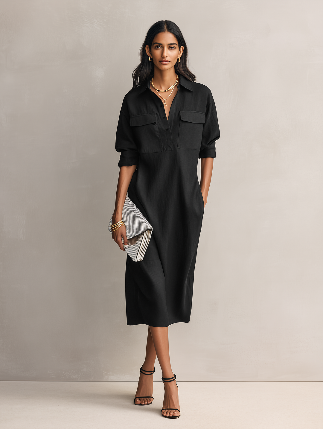 Vestito midi con colletto in cotone e lino