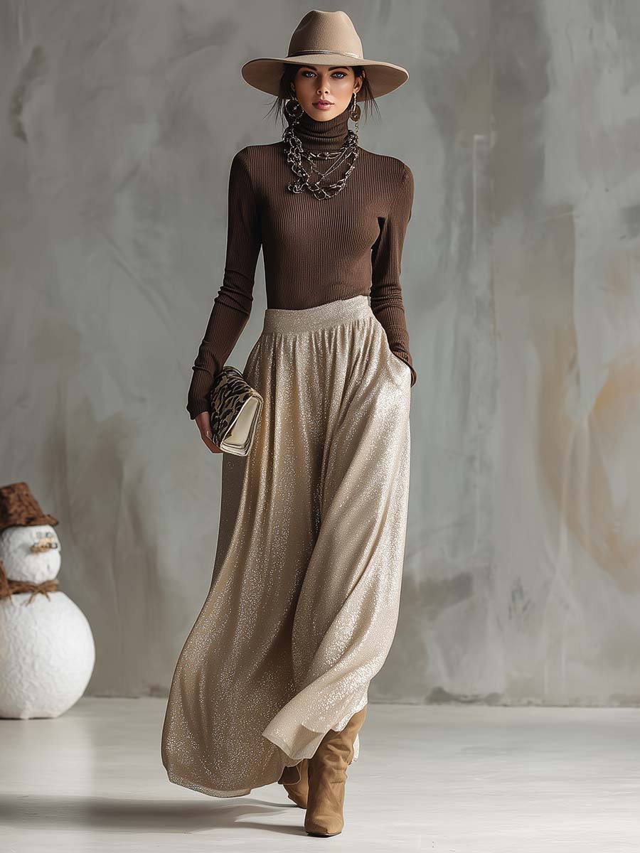 Elegant And Fashionable Retro Brown High-neck Knitted Top And Shimmering Silver Skirt Set