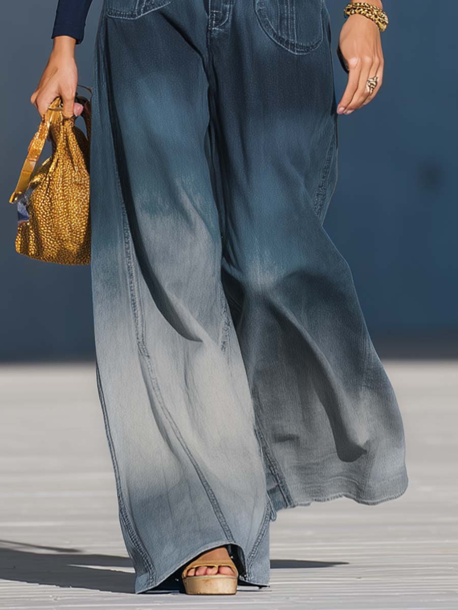 Casual Fashion Gradient Washed Denim Blue Gray Loose Pants