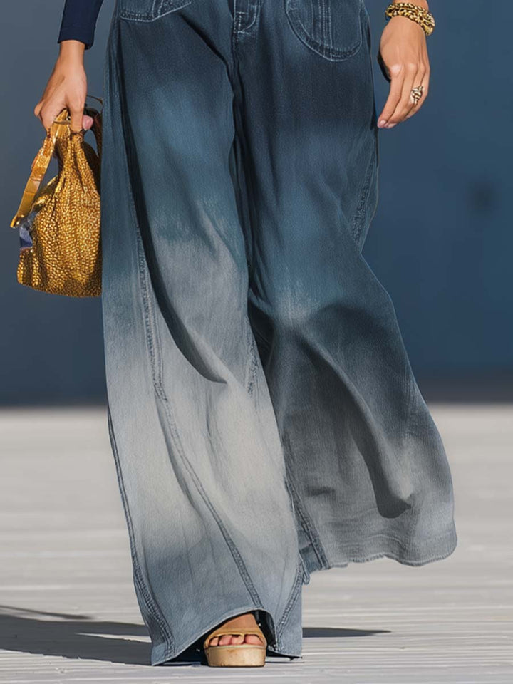 Casual Fashion Gradient Washed Denim Blue Gray Loose Pants