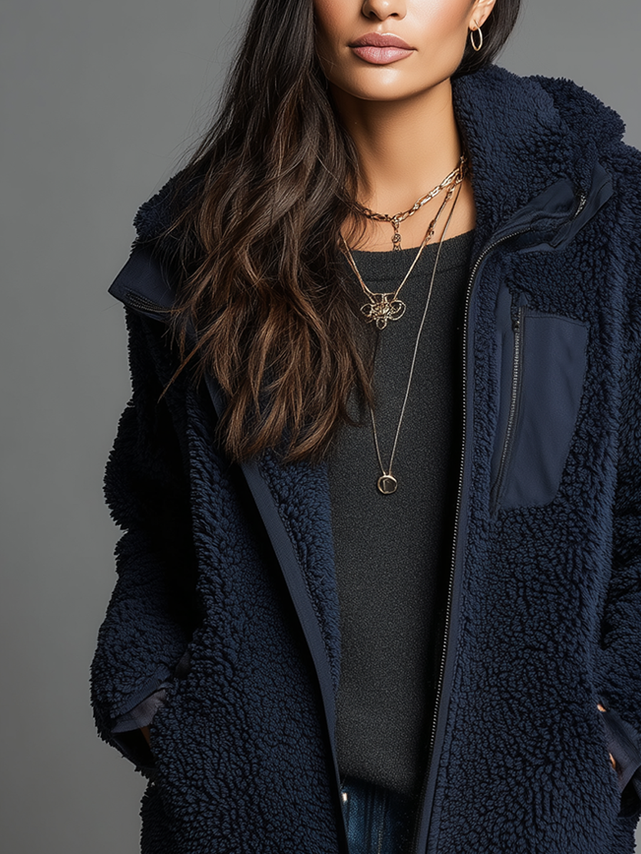 Vintage Zipper Pocket Teddy Fleece Fitted Jacket