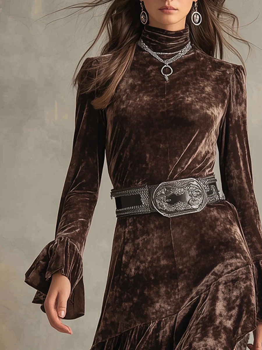 High-neck Long-sleeved Bell Sleeves Velvet Midi Dress