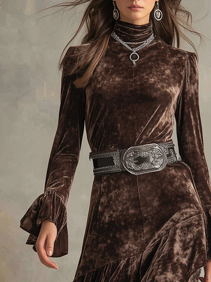 High-neck Long-sleeved Bell Sleeves Velvet Midi Dress