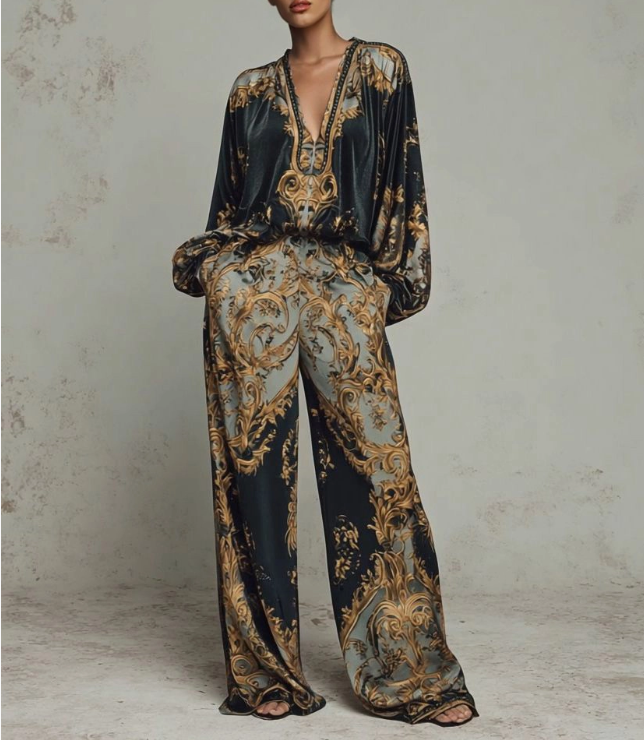 طقم قميص وسروال دانتيل مخيط من المخمل الأزرق العتيق الرائع