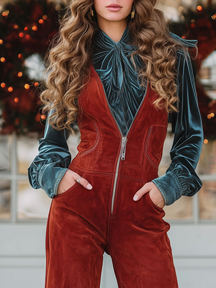 Western Retro V-neck Zipper Red Faux Suede Wide-leg Tassel Overalls