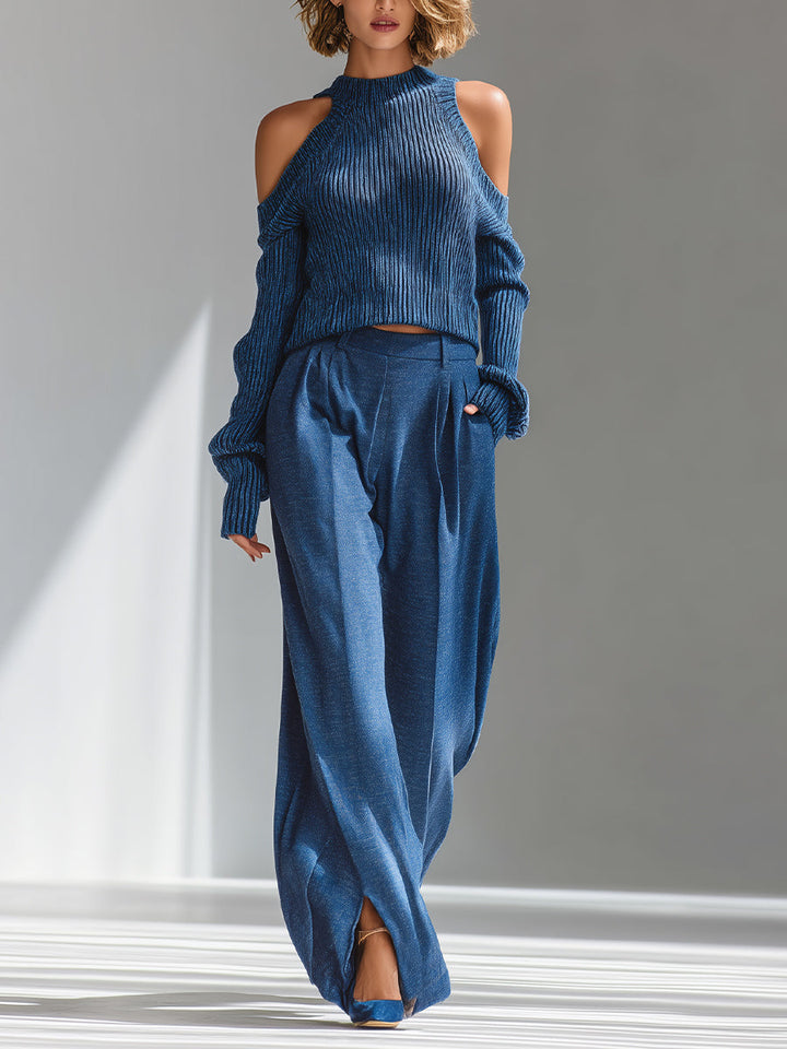 Women's Blue Elegant Ribbed Knit Cold - Shoulder Sweater And Wide - Leg Pants Set