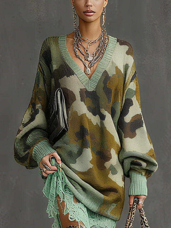 Green Camouflage Print Lace Trimmed Long Sleeve Midi Dress