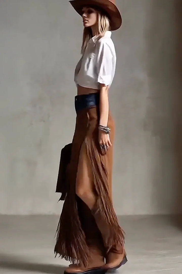 Suede Fringe Maxi Skirt
