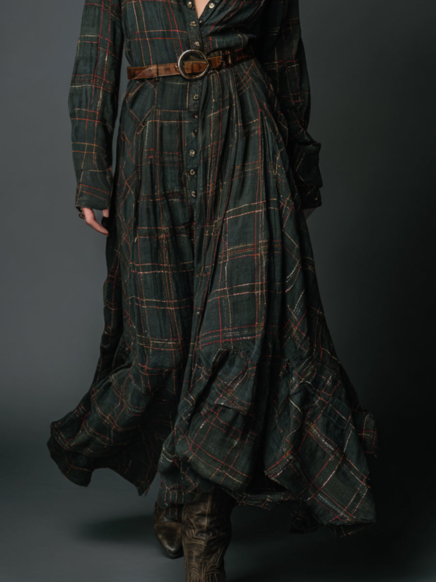 Retro Plaid Printed Cotton Mixed Single Breasted Maxi Dress