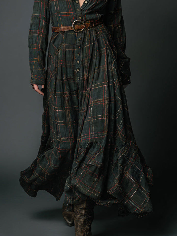 Retro Plaid Printed Cotton Mixed Single Breasted Maxi Dress