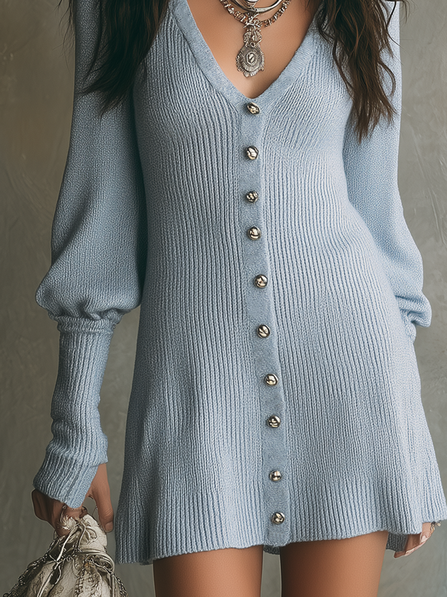 Vintage Silver Button V-neck Knitted Mini Dress