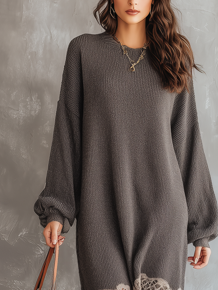 Retro Loose Lace Hem Knitted Midi Dress