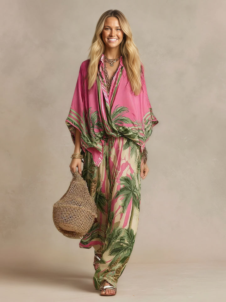 Effortless Palm-Print Kimono Two-Piece Set