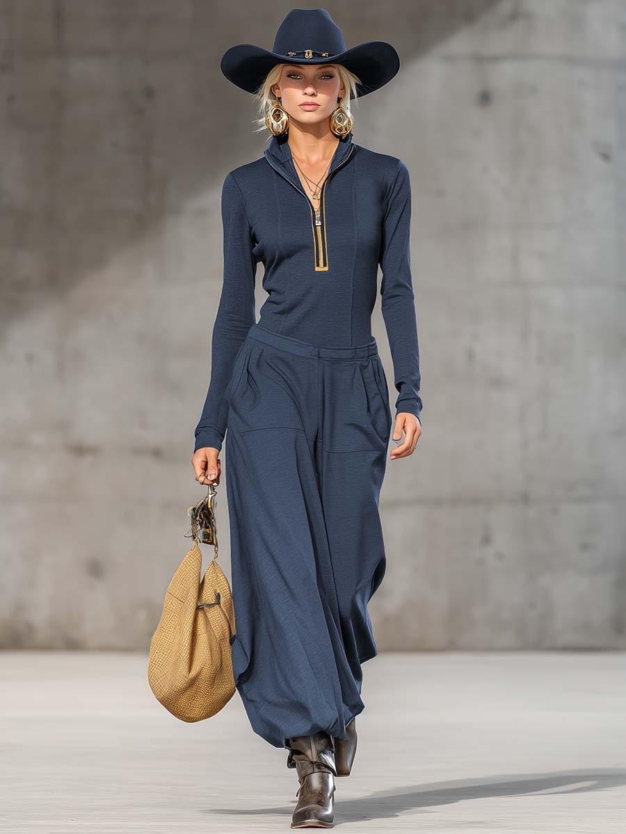 Casual retro sport mørkegrå halv-høj krave front lynlås langærmet top og brede bukser sæt