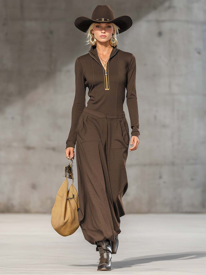 Casual retro sport mørkegrå halv-høj krave front lynlås langærmet top og brede bukser sæt