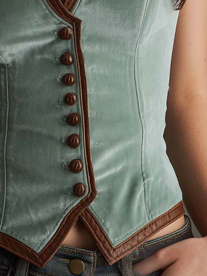 Sage Polyester Samt und Kontrast Lederbesatz Schlanke Passform Weste