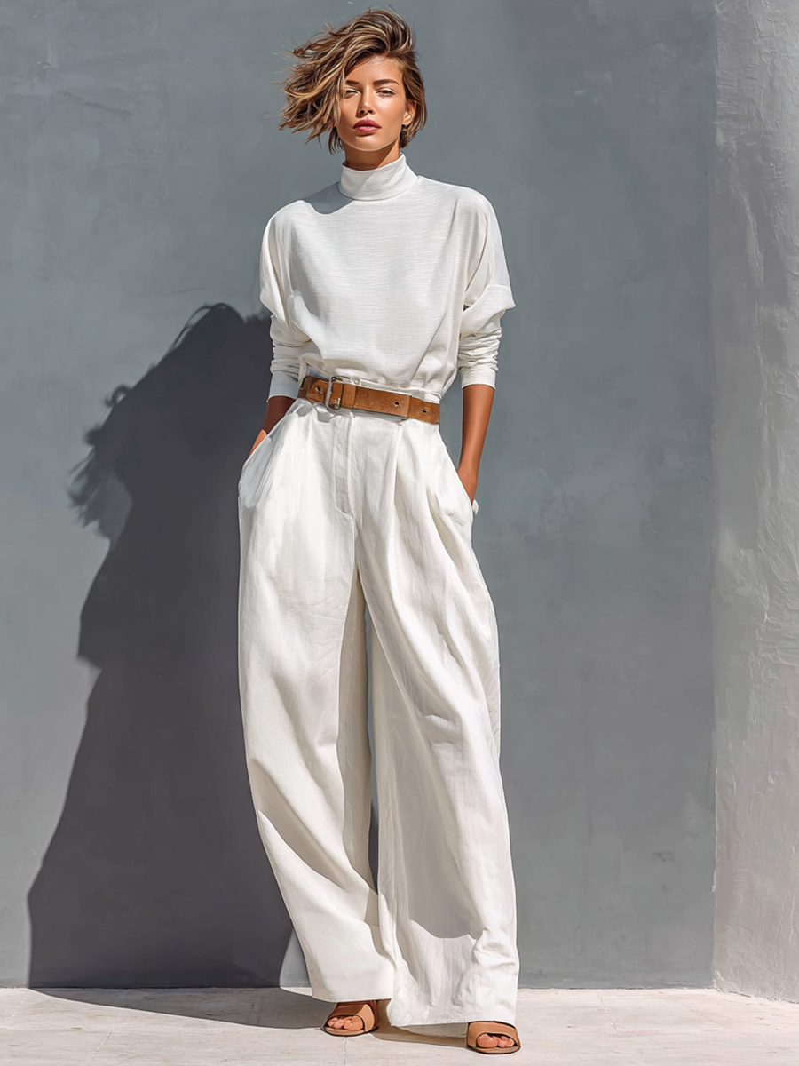 All White Half High Neck Long Sleeve Loose T-shirt Wide Legs Two-piece Set (Belt Not Included)
