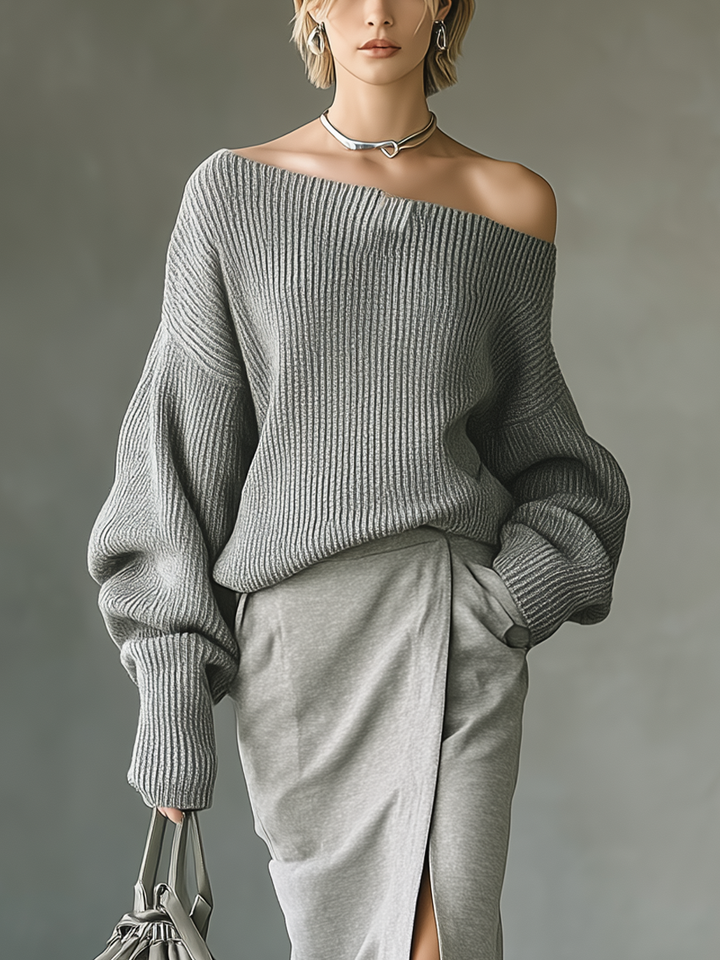 Women's Gray Knitted Sweater And Cotton Blend Air Layer Skirt Set
