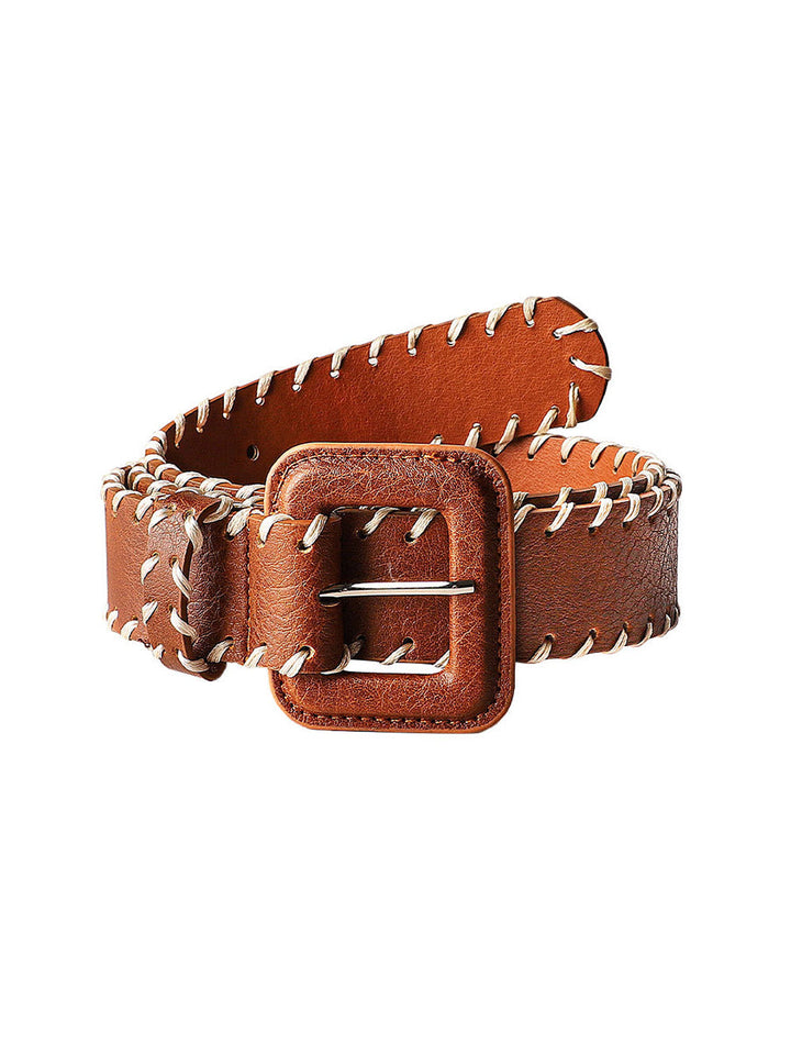 Women's Brown Leather Belt with Stitching Detail