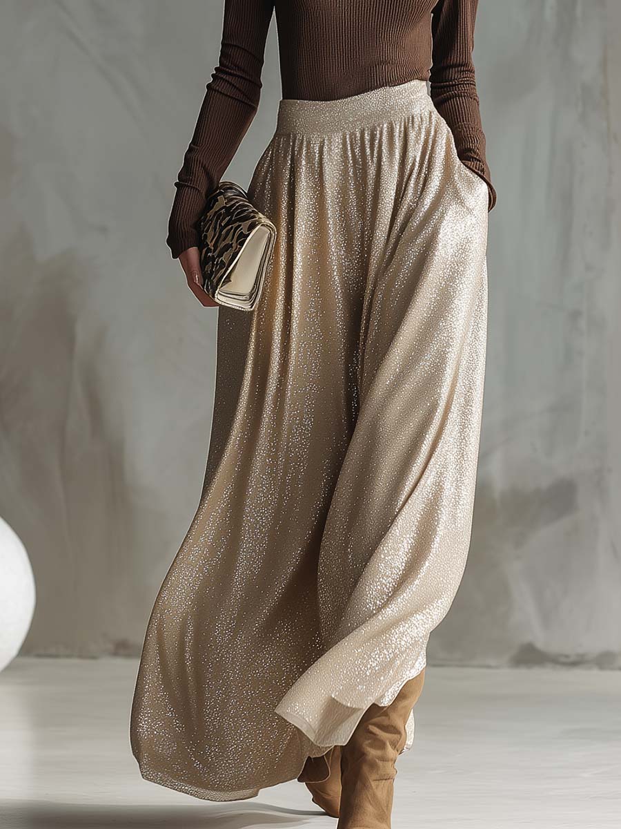 Elegant And Fashionable Retro Brown High-neck Knitted Top And Shimmering Silver Skirt Set