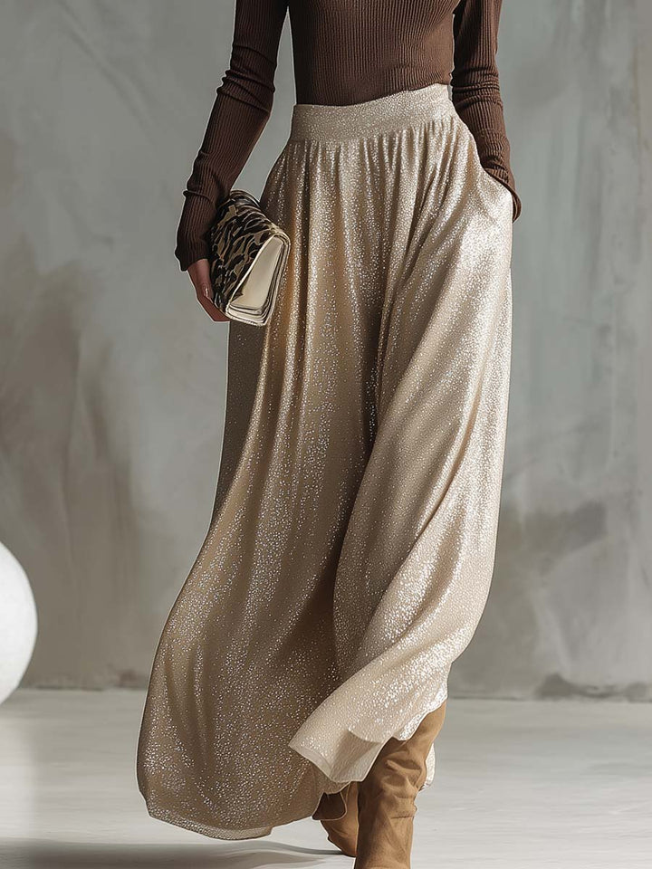 Elegant And Fashionable Retro Brown High-neck Knitted Top And Shimmering Silver Skirt Set