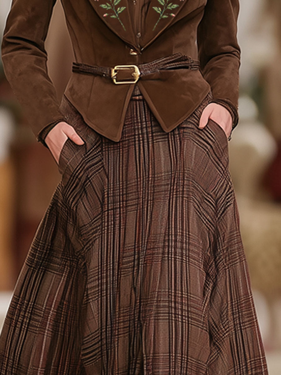 Retro Brown Plaid Double Pocket Elastic Waist Skirt