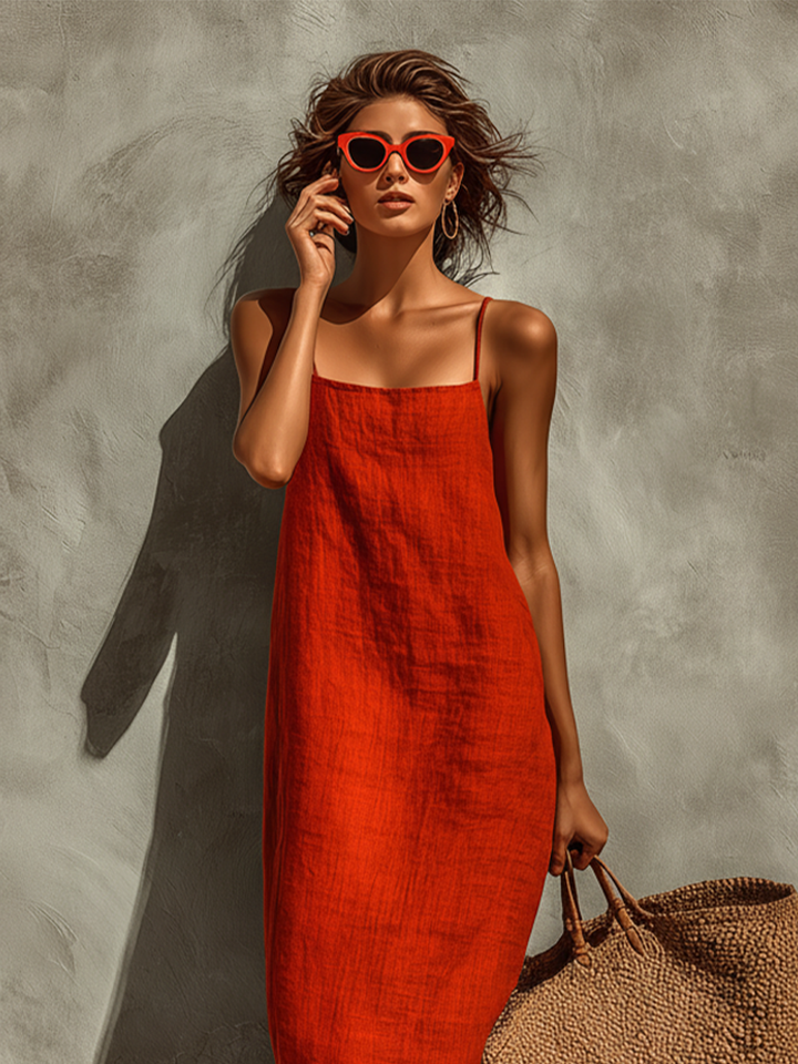Vestito rosso in cotone con scollo quadrato e spalline sottili