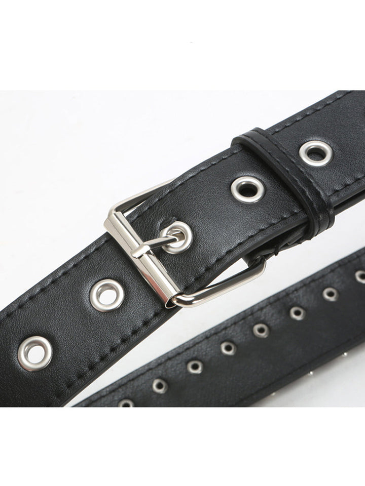 Dámský černý punkový opasek z umělé kůže s hroty zdobený v pase