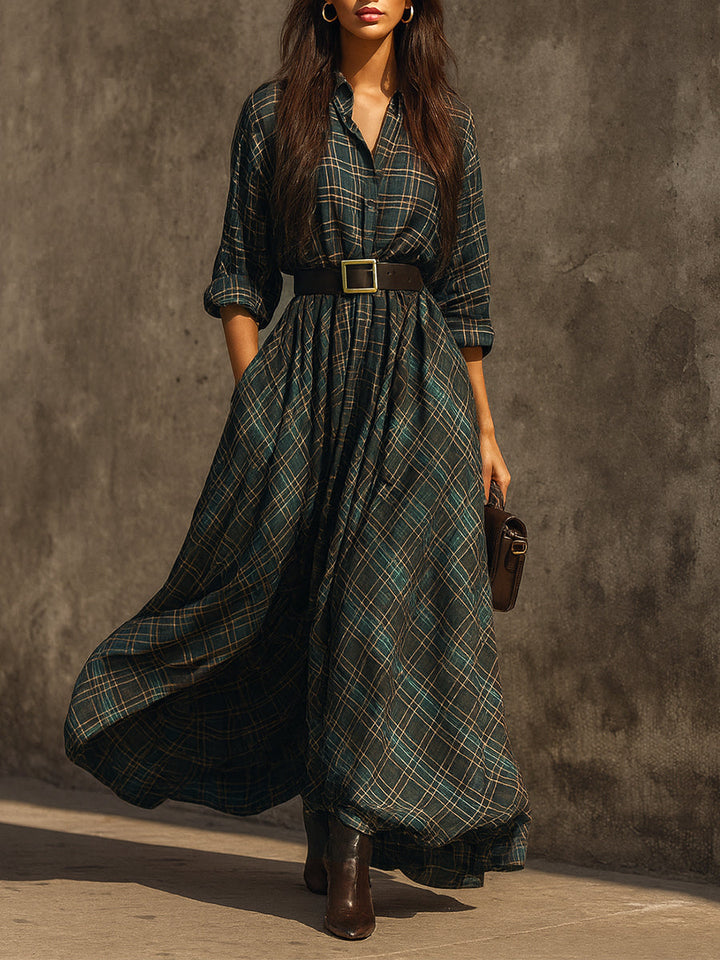 Retro Plaid Cotton-blend Single-breasted Maxi Dress With Belt