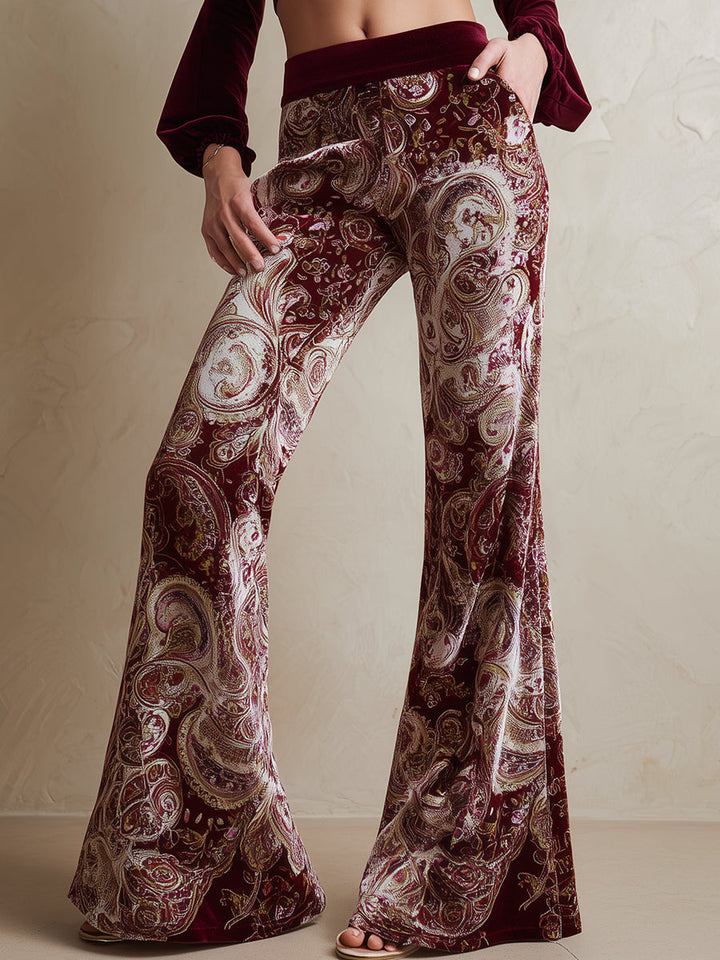 Vintage Western Paisley Print Burgundy Velvet Flared Pants