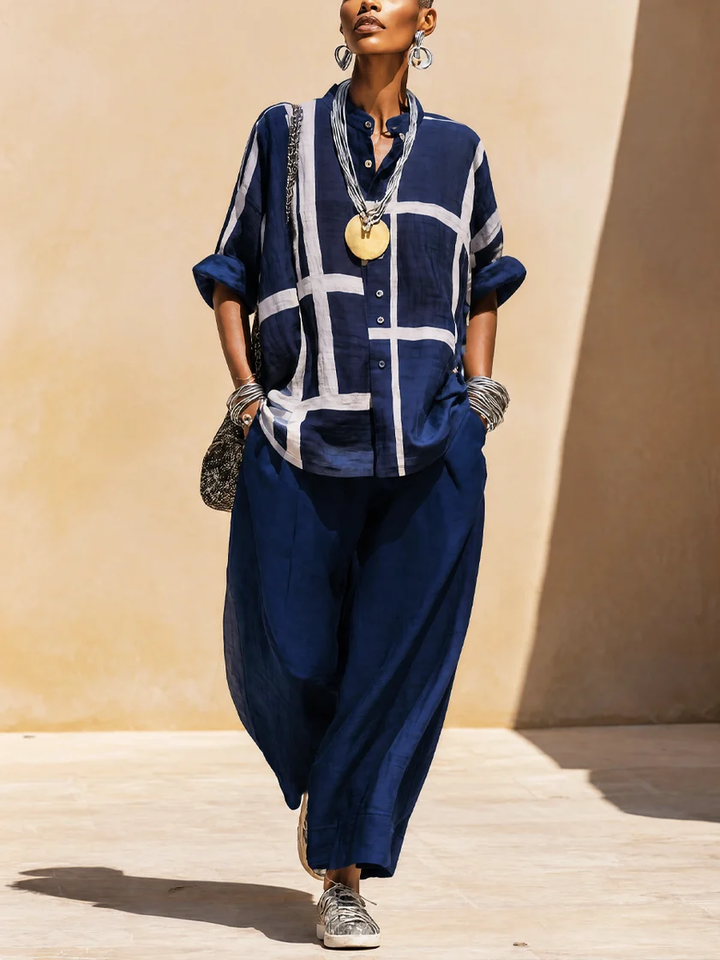 Ensemble décontracté à motif quadrillé et jambes larges