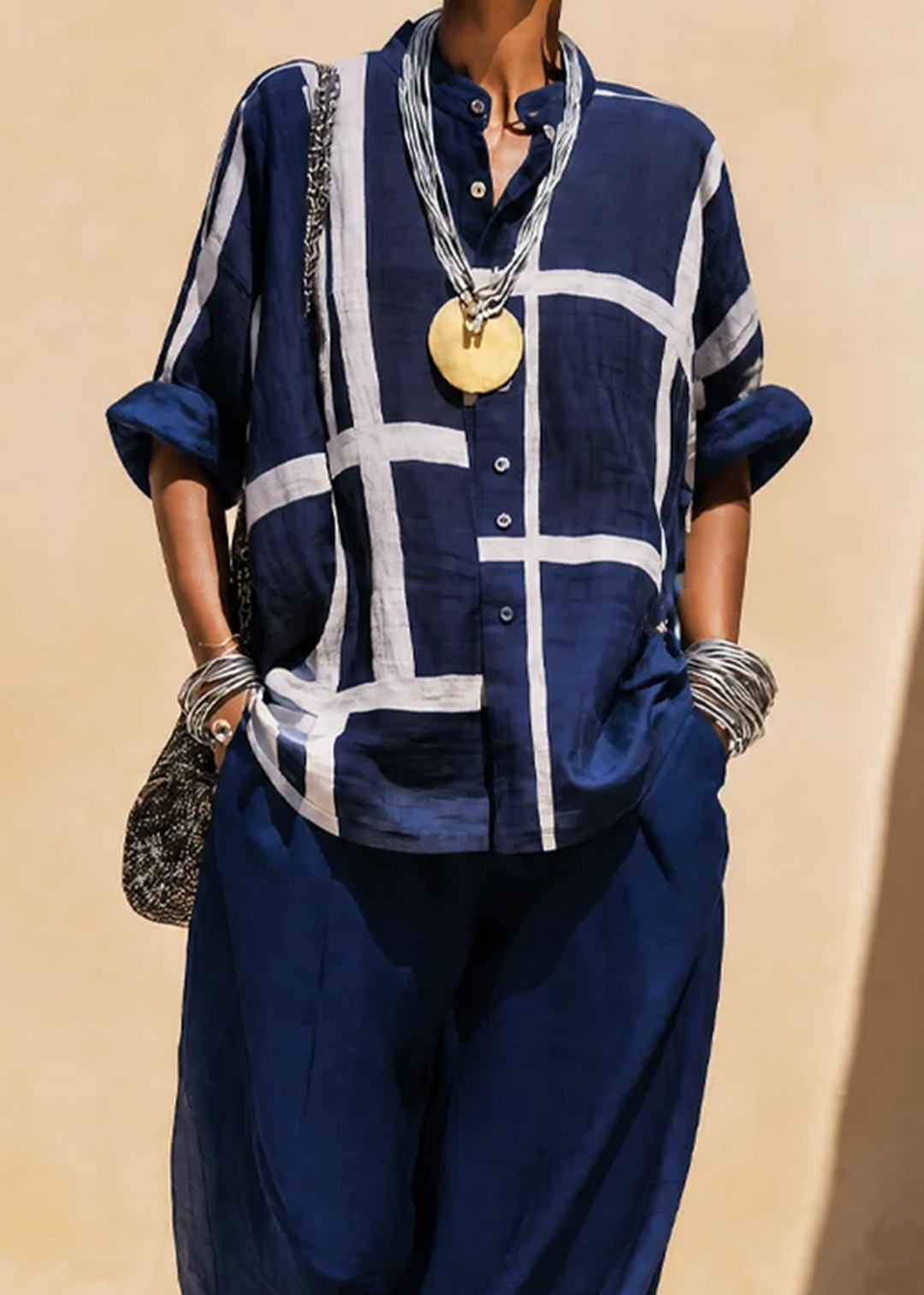 Ensemble décontracté à motif quadrillé et jambes larges