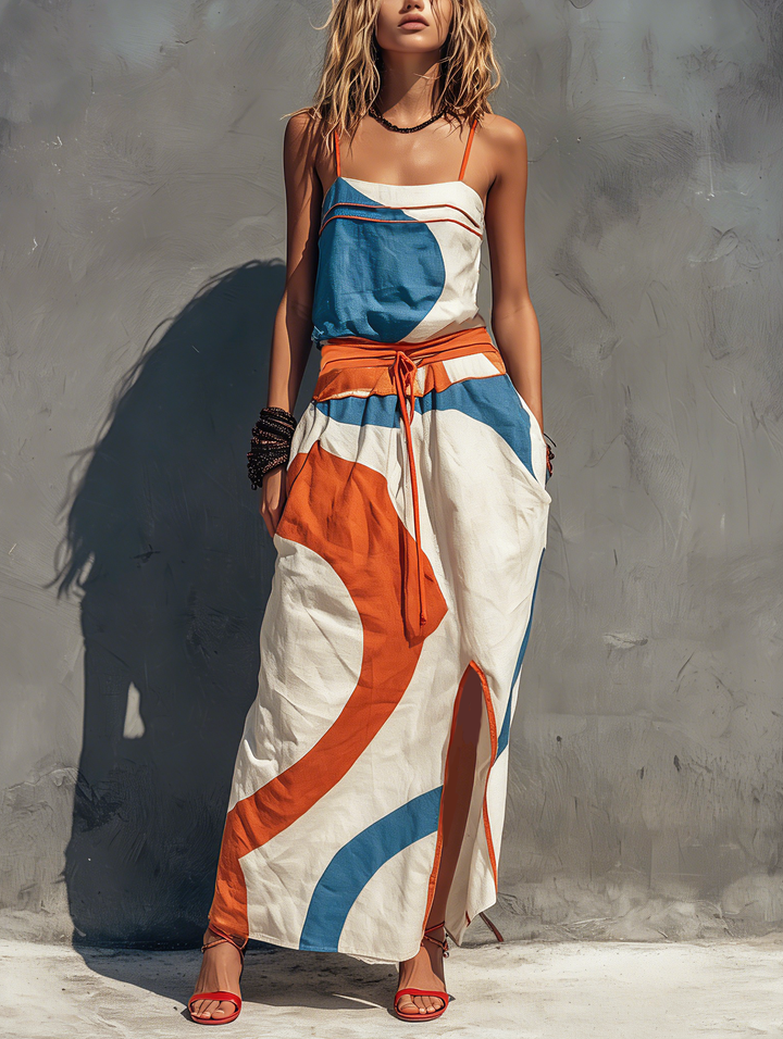 Robe longue à bretelles spaghetti imprimée