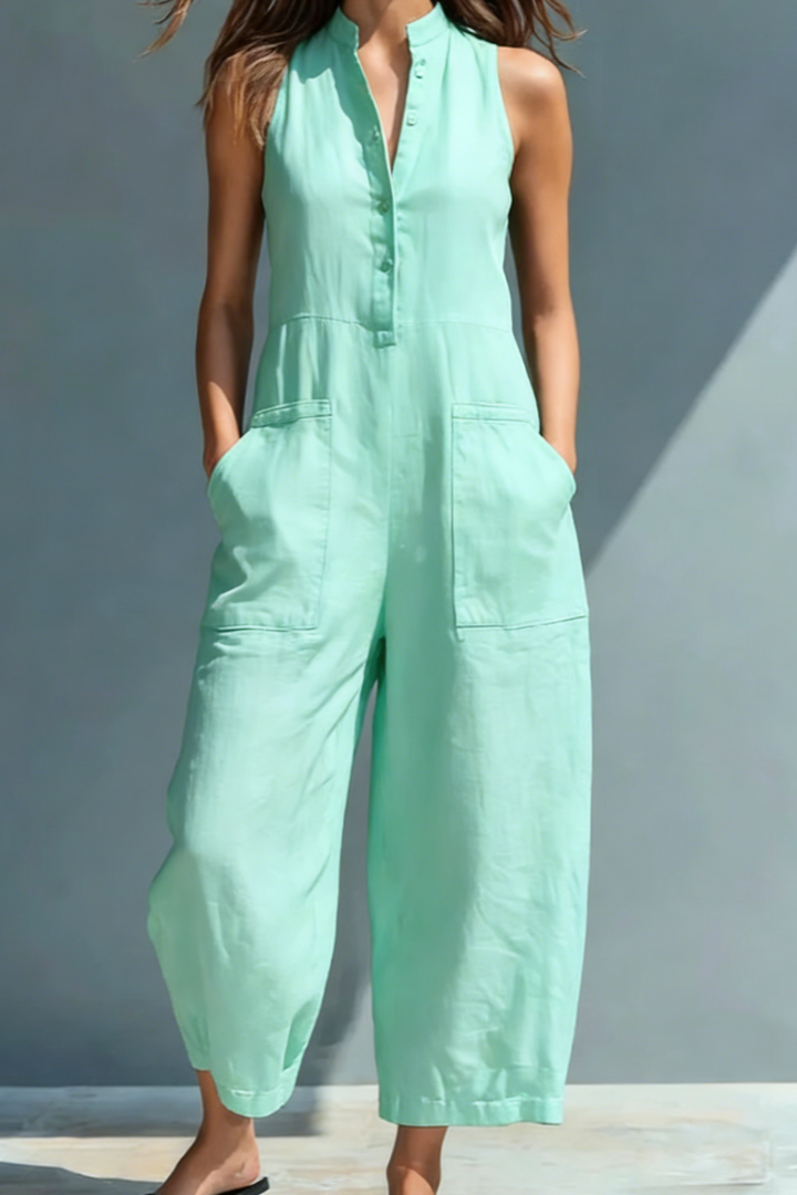 Black Linen-Blend Stand Collar Sleeveless Jumpsuit