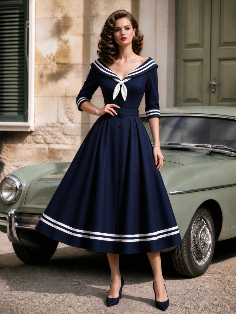 Vintage Sailor Collar Midi Dress