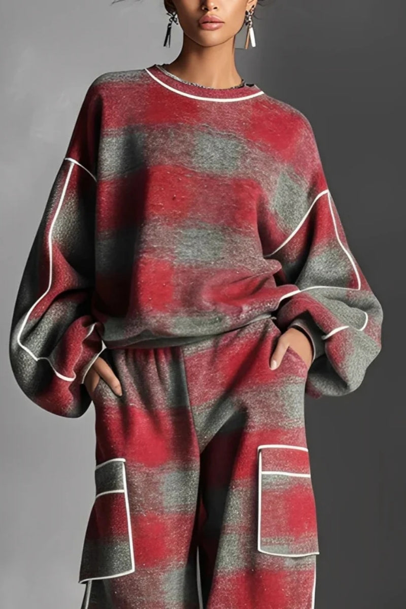 Rood-Grijs Geruit Contrast Trainingspak Set