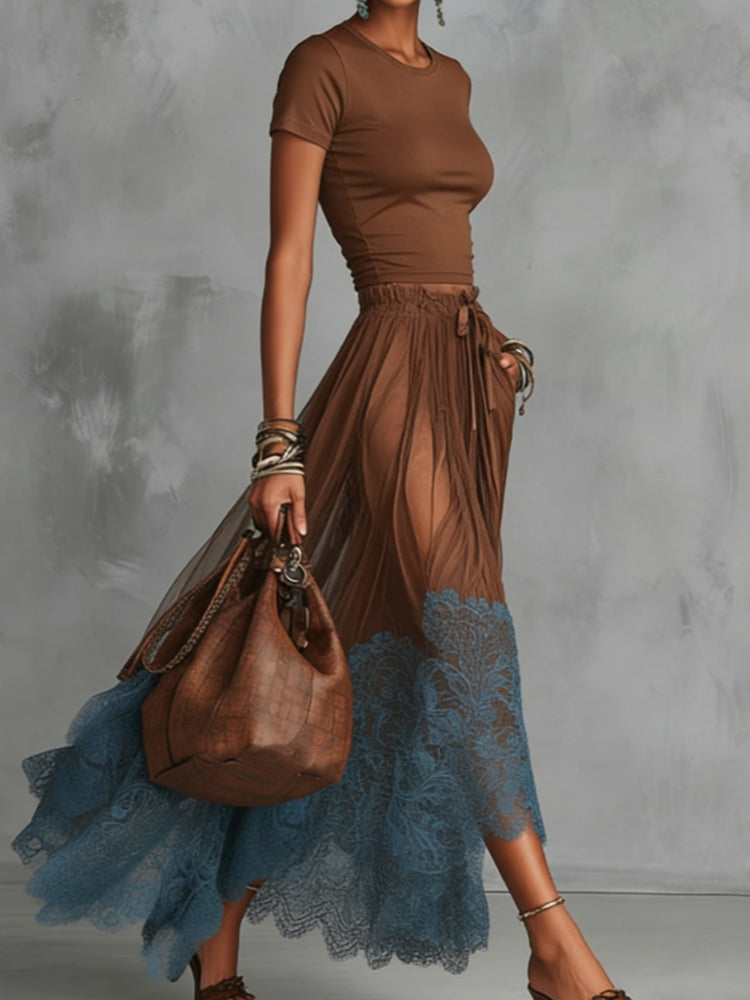 Ensemble jupe en tulle marron et bleu à dentelle