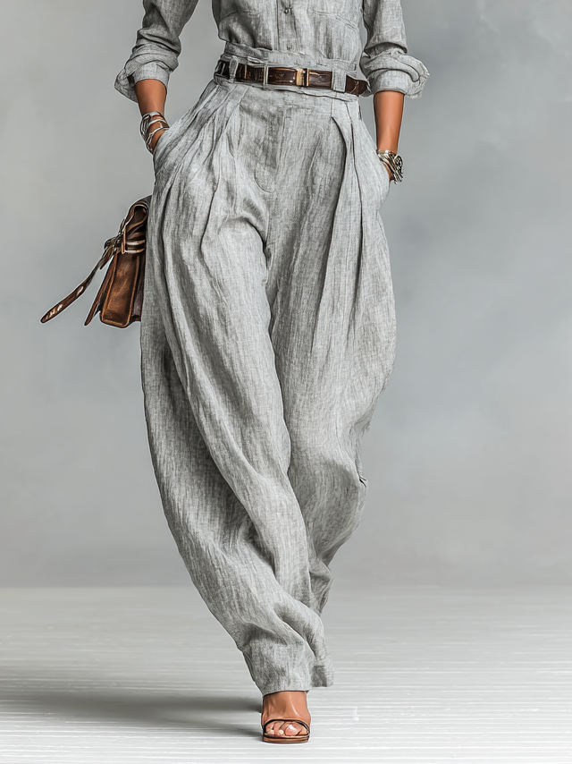 Baumwoll-Leinen-Mischung Langärmliges Hemd und Hose Zweiteiliges Set (Gürtel nicht enthalten)