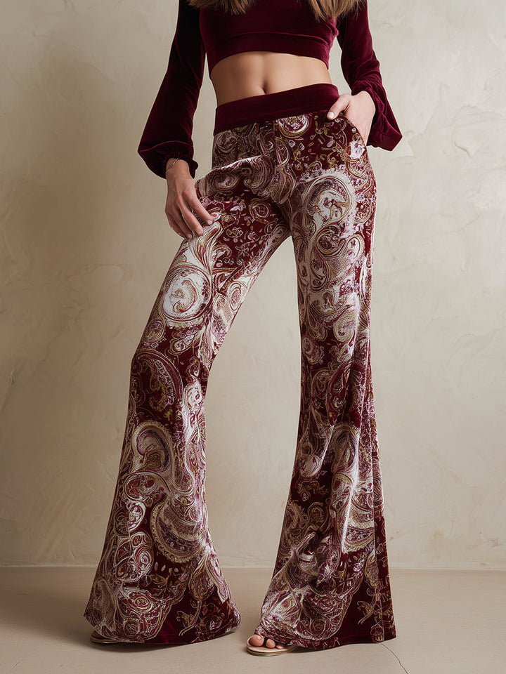 Vintage Western Paisley Print Burgundy Velvet Flared Pants