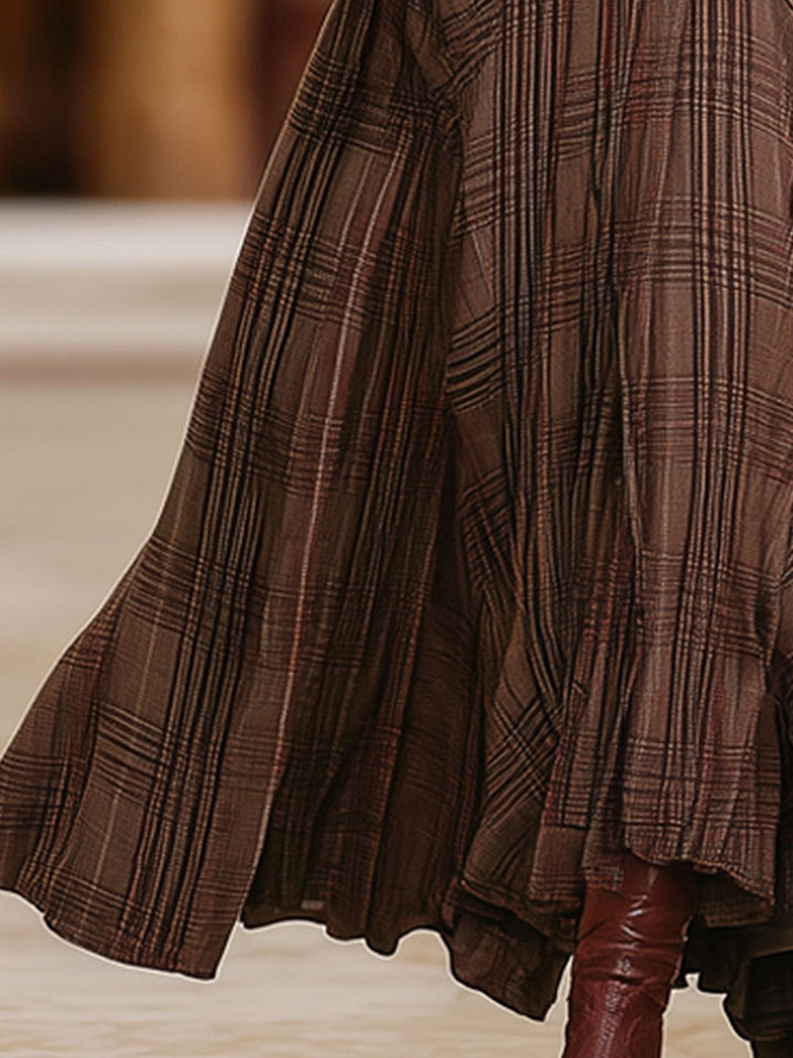 Retro Brown Plaid Double Pocket Elastic Waist Skirt