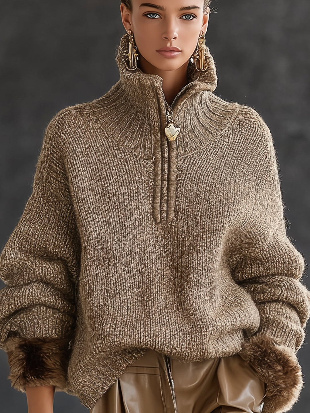 Mocha Half Zip High Collar Knit Pullover Sweater