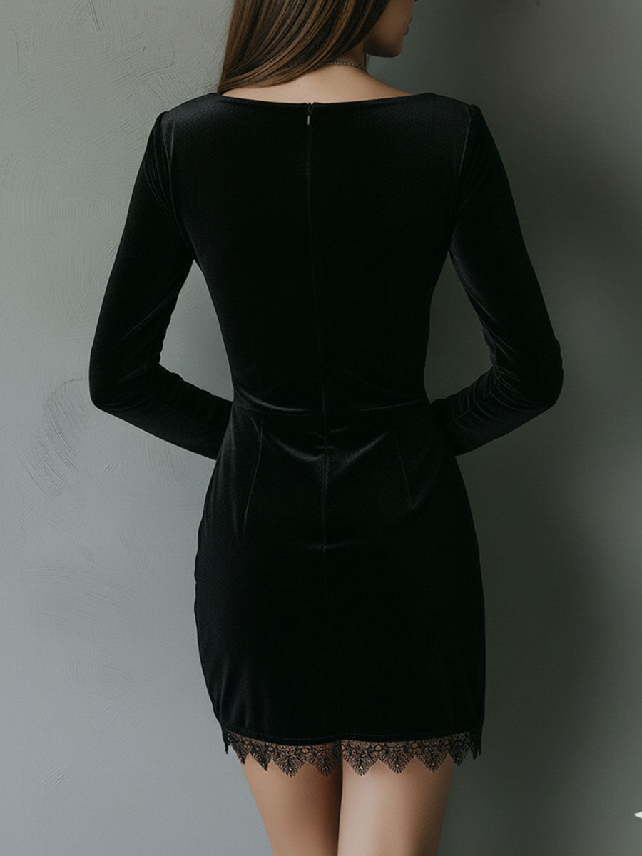 Chic Pleat Waist Black Velvet Mini Dress With Lace Trim