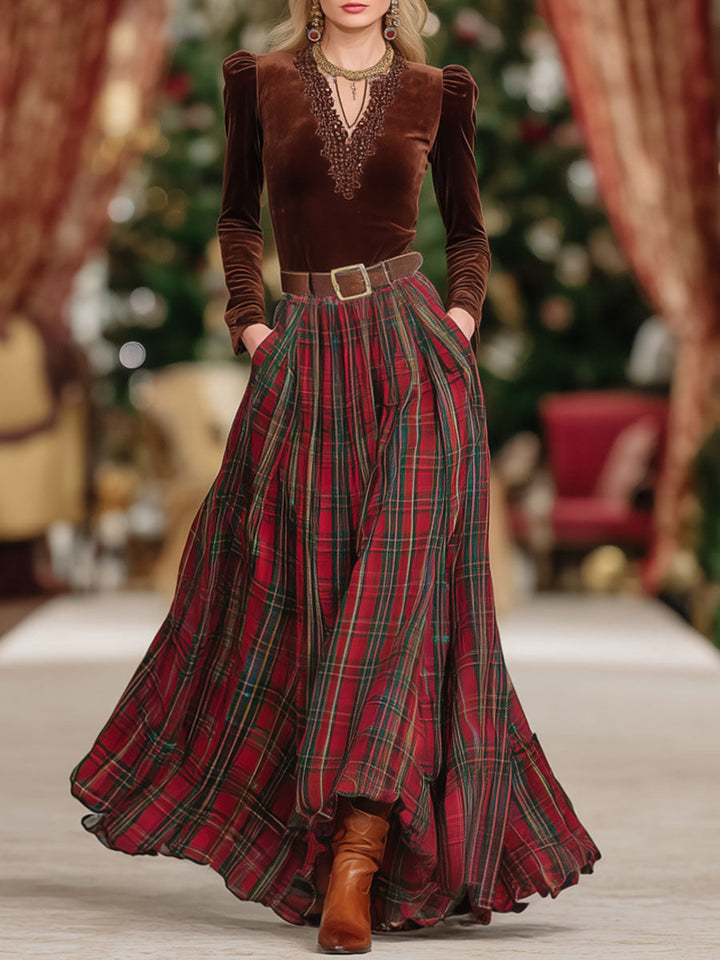 V-neck Lace Long-sleeved T-shirt And Red Plaid Skirt Set