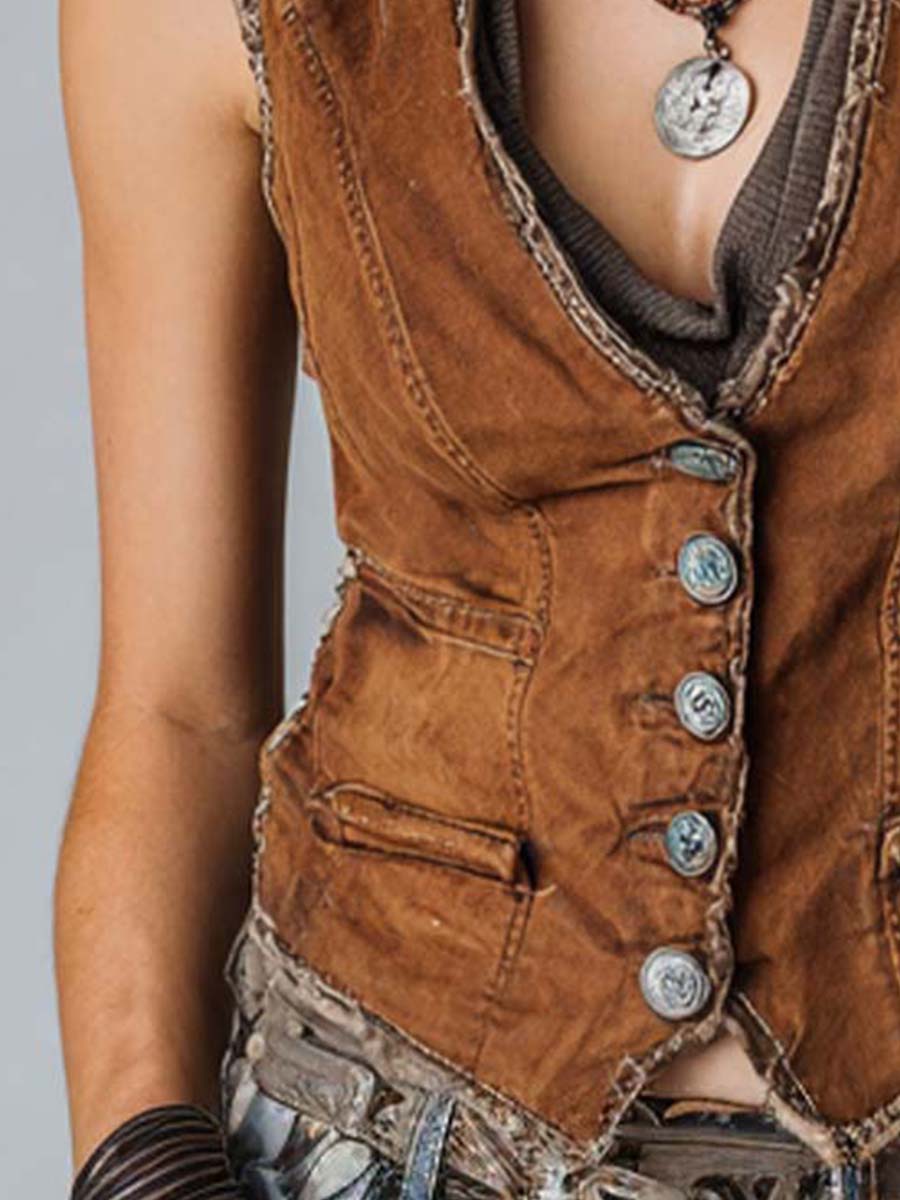 Washed Caramel Denim With Brass Button Stitching Vest