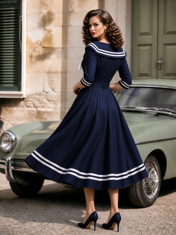 Vintage Sailor Collar Midi Dress